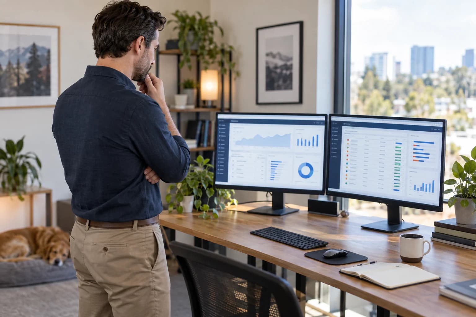 Business owner reviewing operations dashboards in a small office