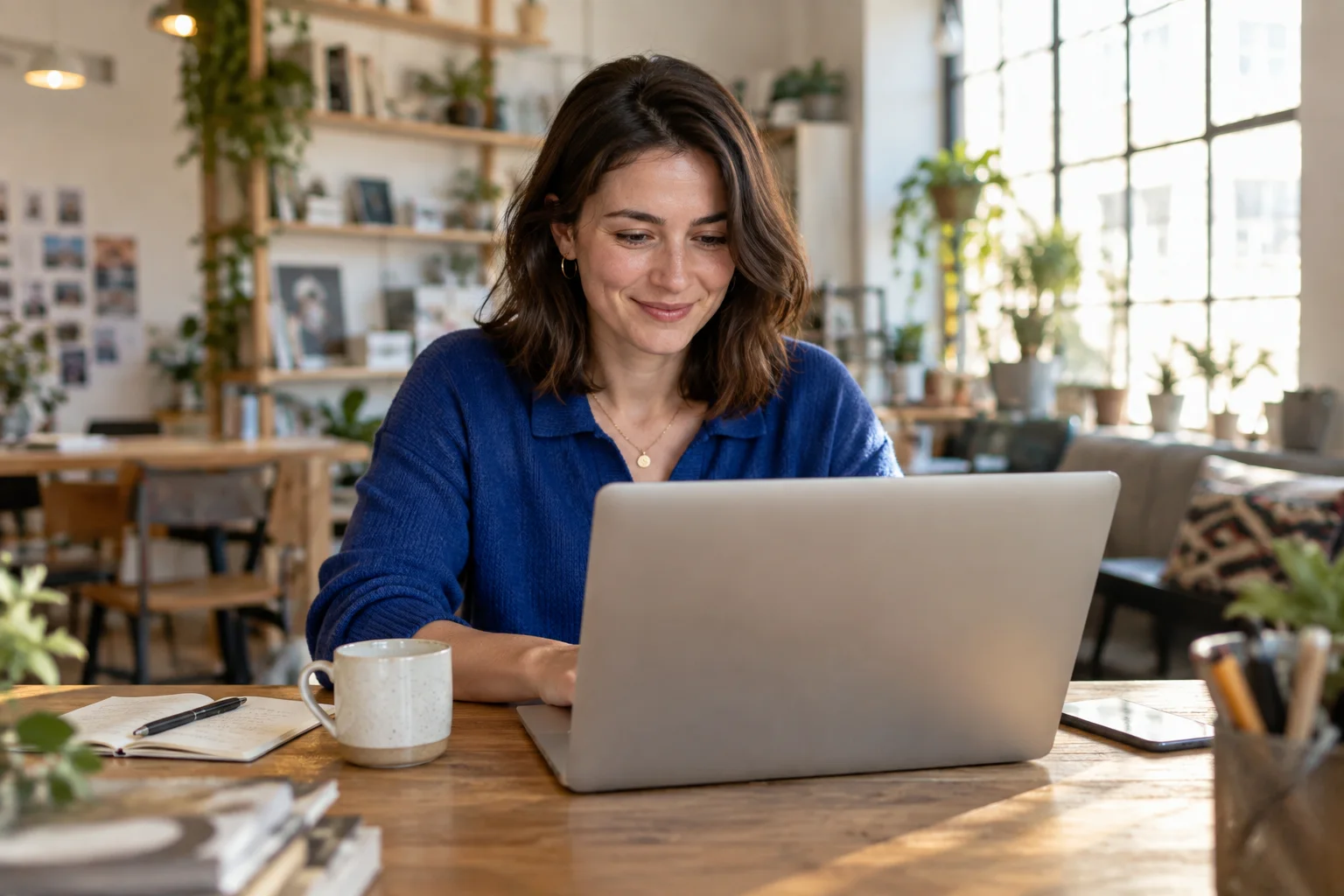 An entrepreneur working on her laptop in a sunlit studio